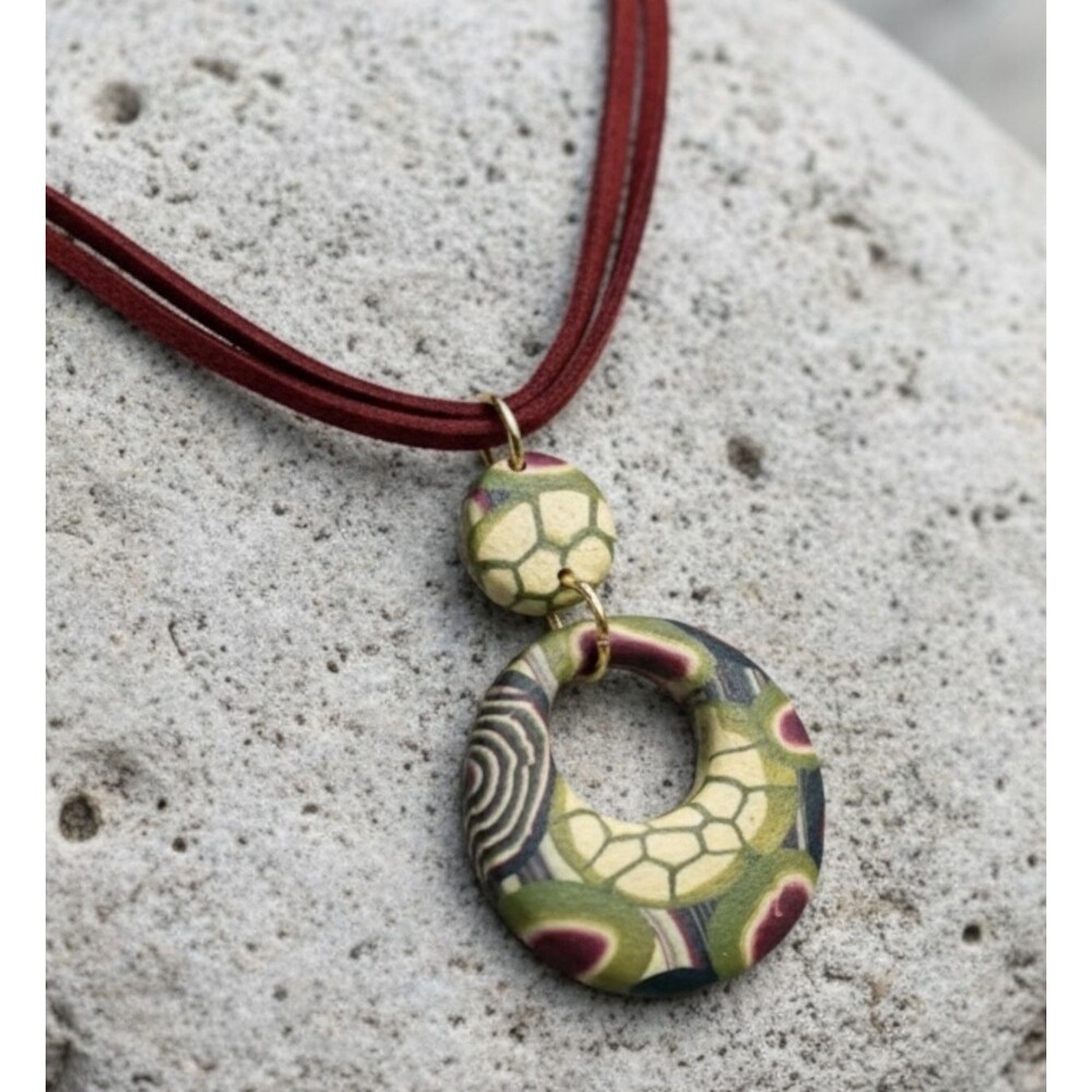 Crimson Ecru Green Handmade Polymer Clay Large Pendant Necklace on Cord SS Clasp